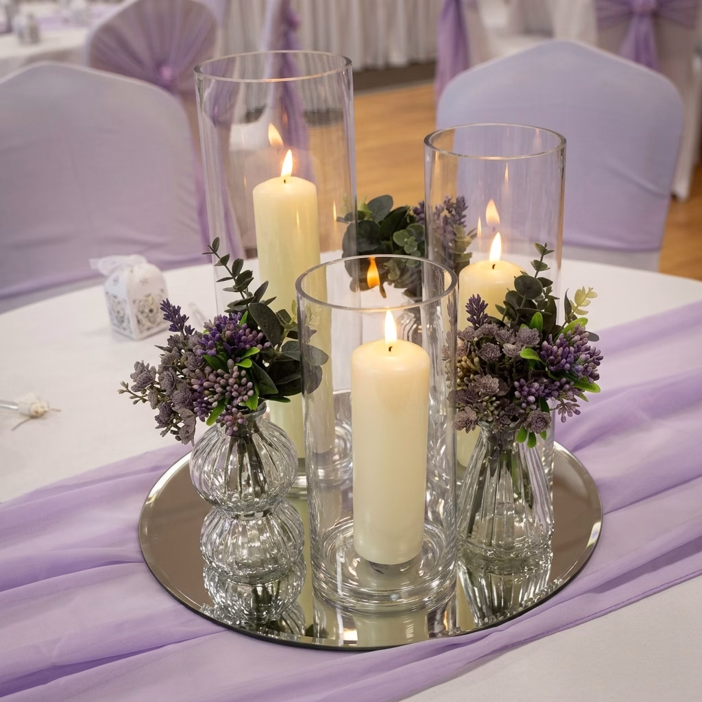 Cylinder vases with pillar candles centerpieces